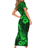 Hawaii Pineapple Short Sleeve Bodycon Dress Paradise Flowers Pacific With Green Polynesian Tribal - Wonder Print Shop