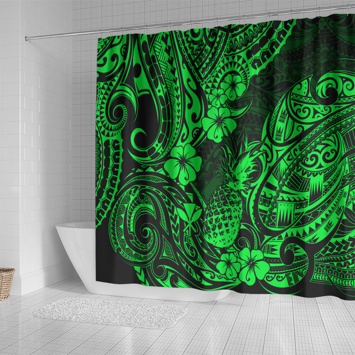 hawaii-pineapple-shower-curtain-paradise-flowers-pacific-with-green-polynesian-tribal
