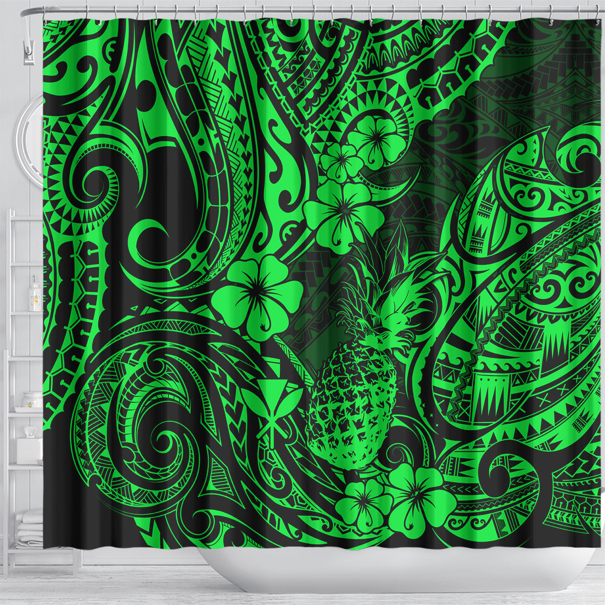 hawaii-pineapple-shower-curtain-paradise-flowers-pacific-with-green-polynesian-tribal