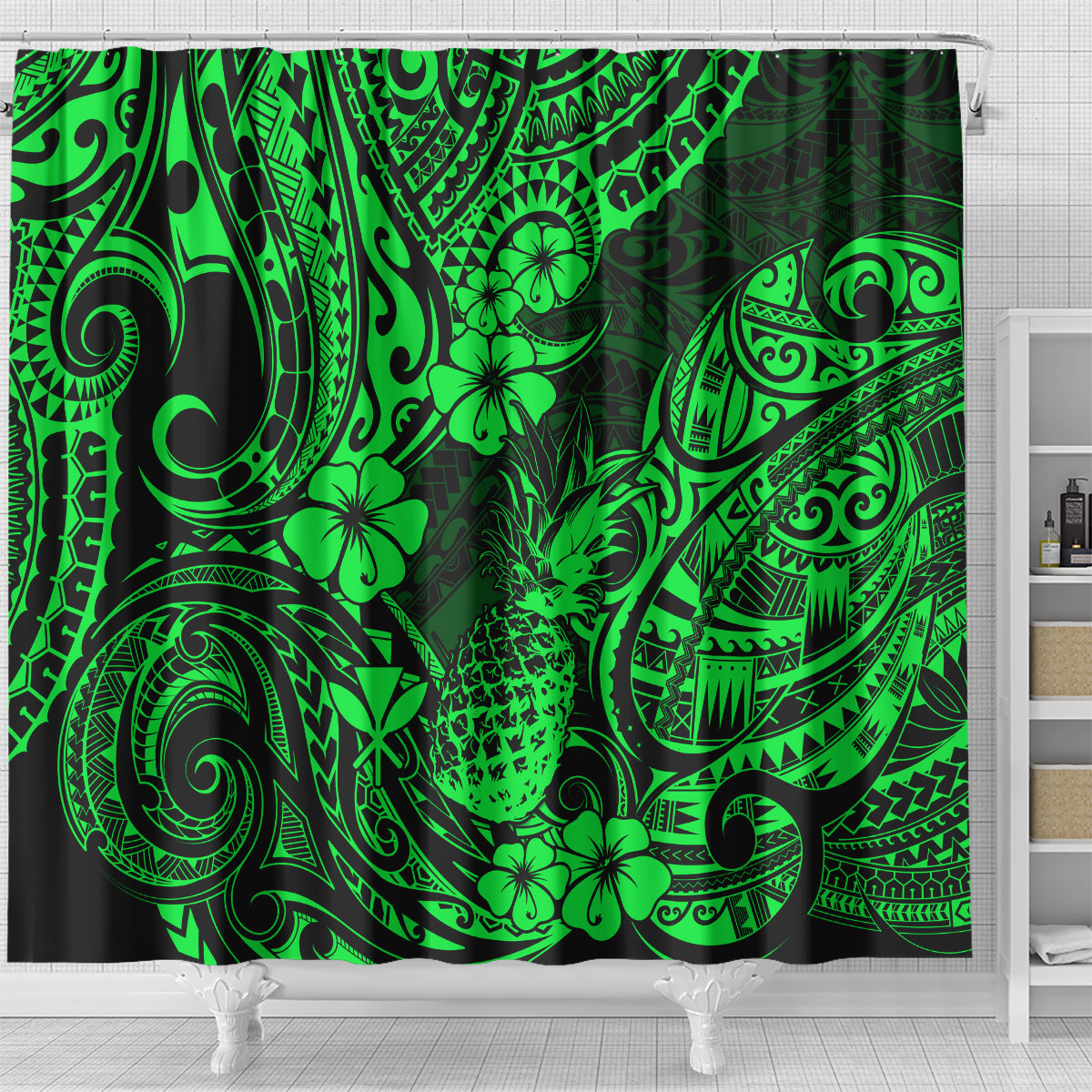 hawaii-pineapple-shower-curtain-paradise-flowers-pacific-with-green-polynesian-tribal
