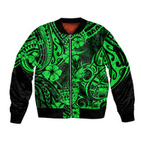 Hawaii Pineapple Sleeve Zip Bomber Jacket Paradise Flowers Pacific With Green Polynesian Tribal - Wonder Print Shop