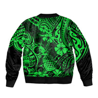 Hawaii Pineapple Sleeve Zip Bomber Jacket Paradise Flowers Pacific With Green Polynesian Tribal - Wonder Print Shop