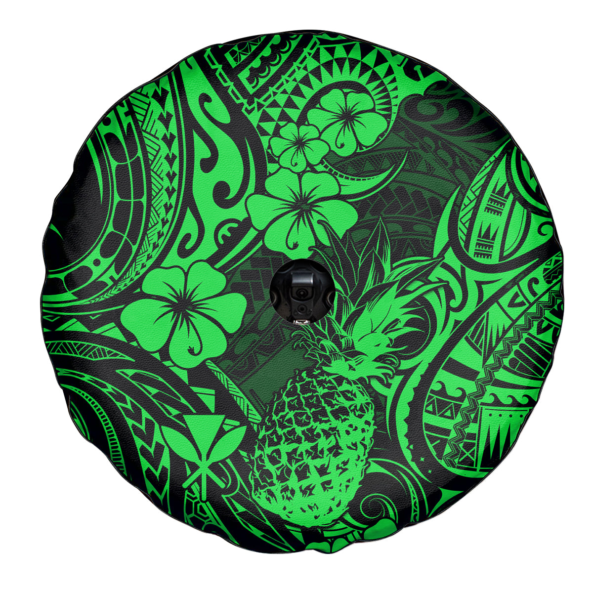 Hawaii Pineapple Spare Tire Cover Paradise Flowers Pacific With Green Polynesian Tribal - Wonder Print Shop
