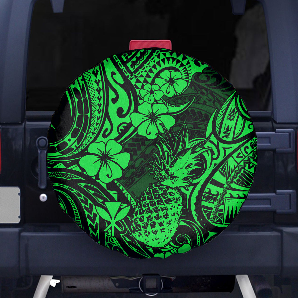 Hawaii Pineapple Spare Tire Cover Paradise Flowers Pacific With Green Polynesian Tribal - Wonder Print Shop