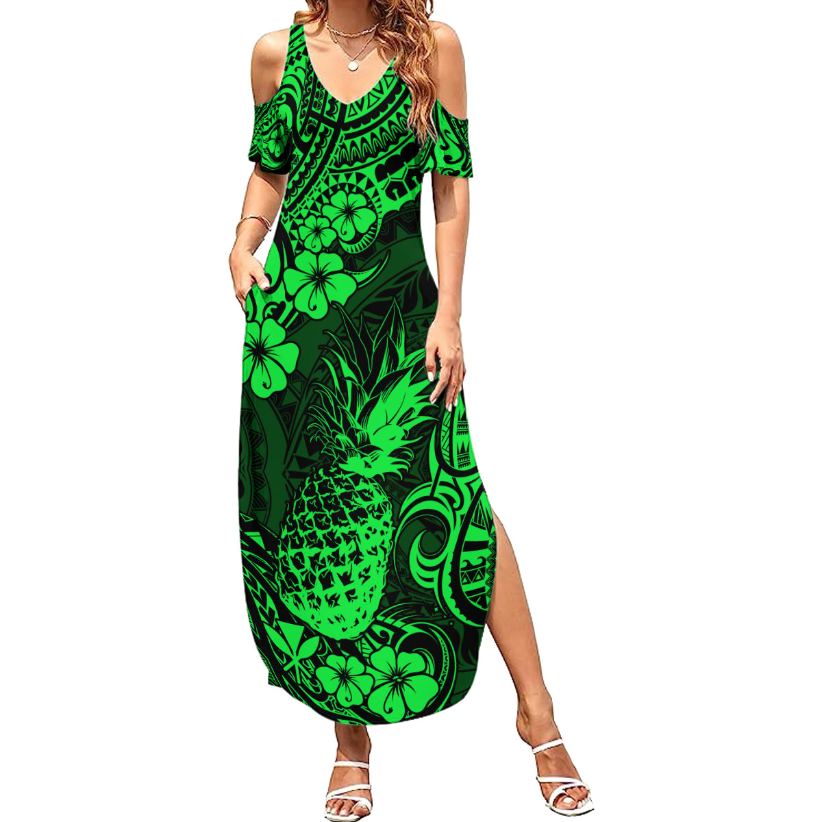 Hawaii Pineapple Summer Maxi Dress Paradise Flowers Pacific With Green Polynesian Tribal - Wonder Print Shop