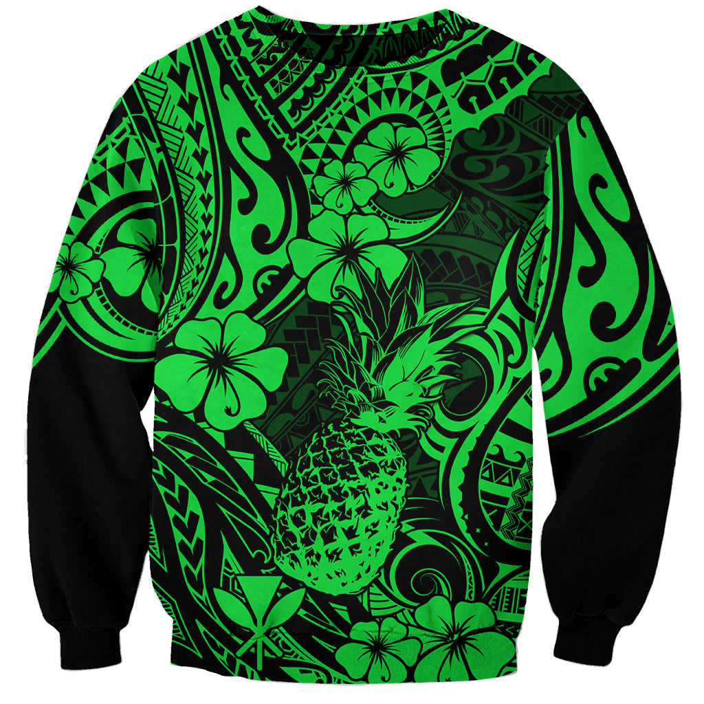 Hawaii Pineapple Sweatshirt Paradise Flowers Pacific With Green Polynesian Tribal - Wonder Print Shop