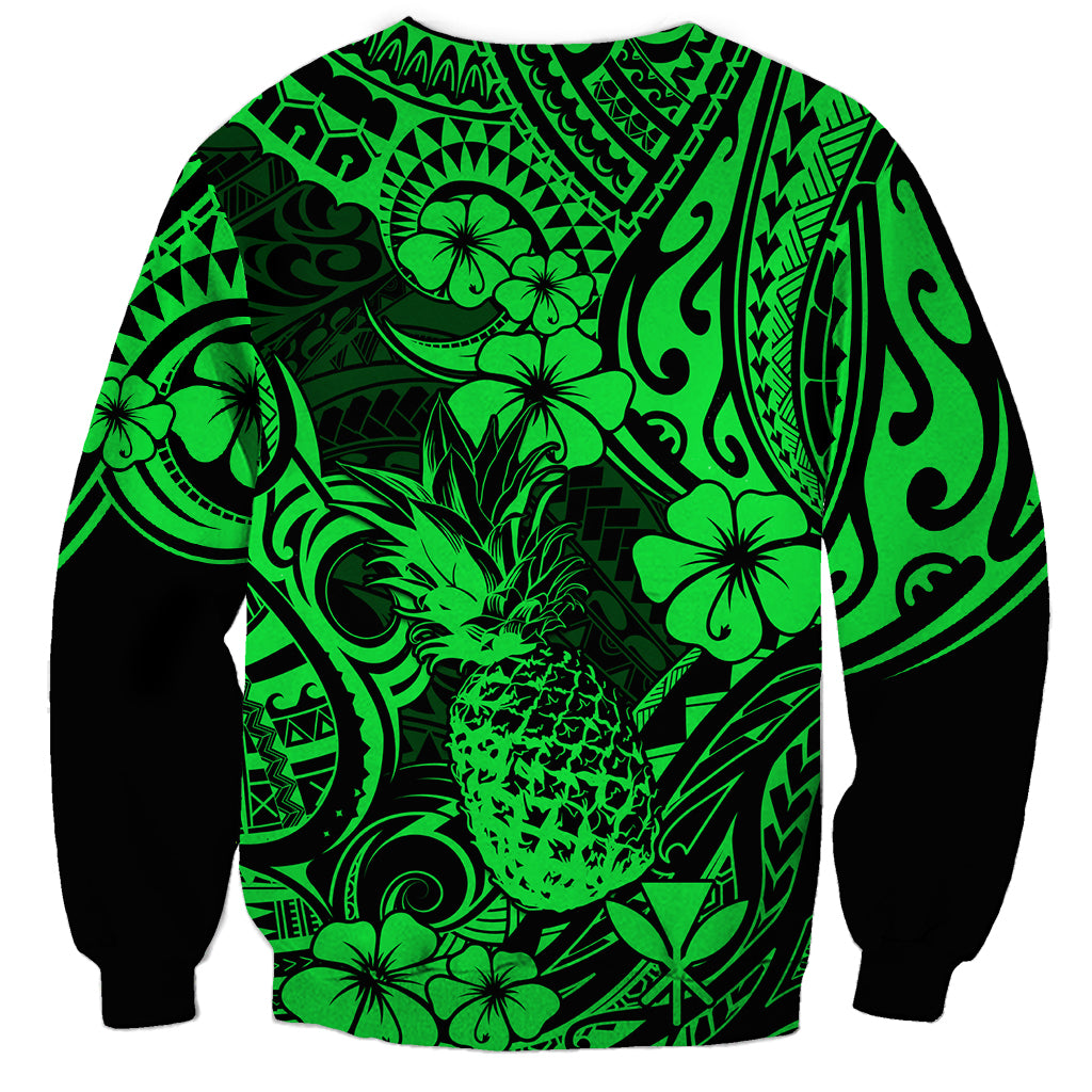 Hawaii Pineapple Sweatshirt Paradise Flowers Pacific With Green Polynesian Tribal - Wonder Print Shop