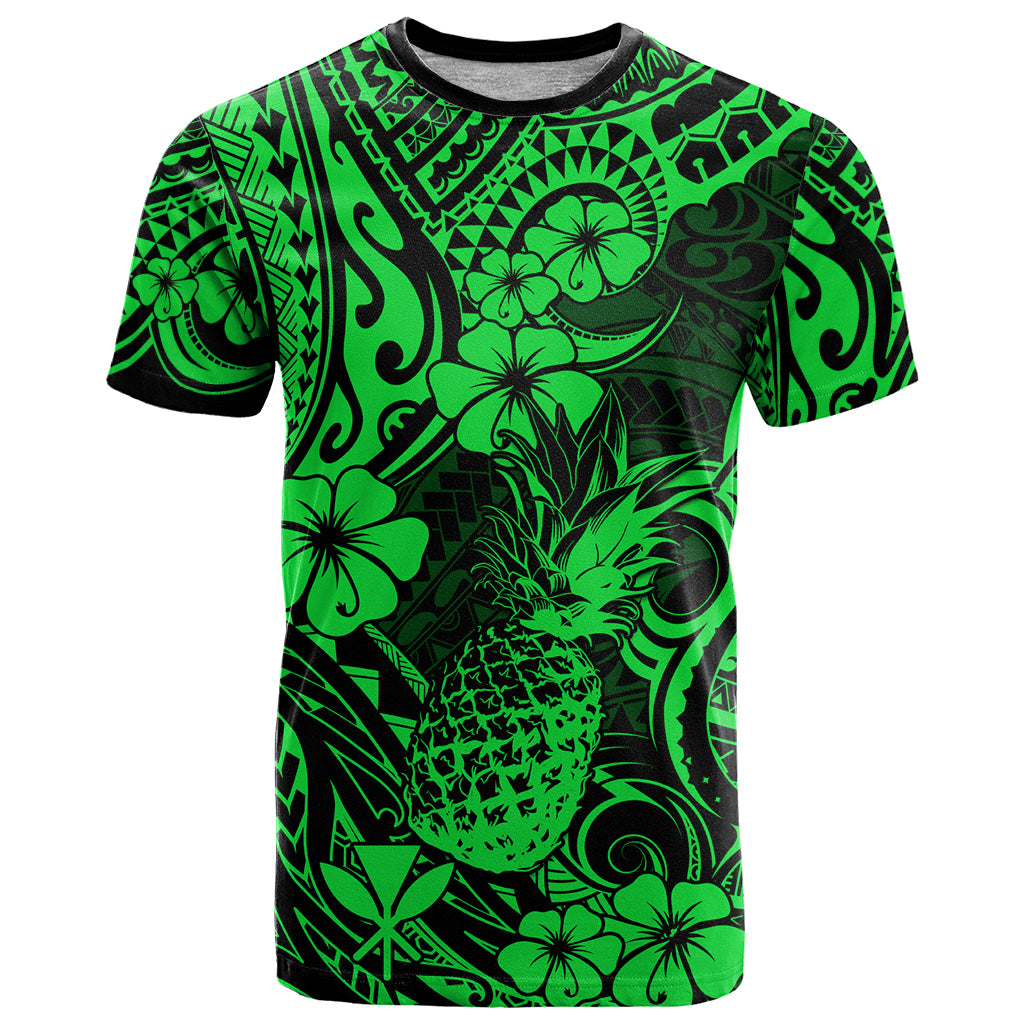 Hawaii Pineapple T Shirt Paradise Flowers Pacific With Green Polynesian Tribal - Wonder Print Shop