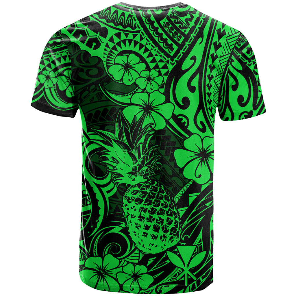 Hawaii Pineapple T Shirt Paradise Flowers Pacific With Green Polynesian Tribal - Wonder Print Shop