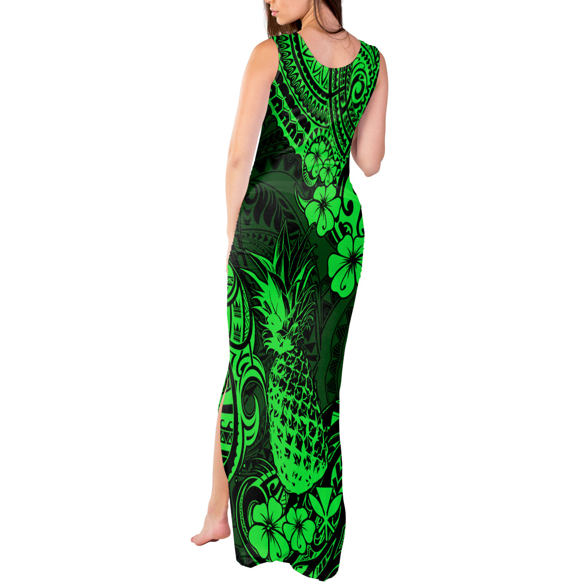 Hawaii Pineapple Tank Maxi Dress Paradise Flowers Pacific With Green Polynesian Tribal - Wonder Print Shop