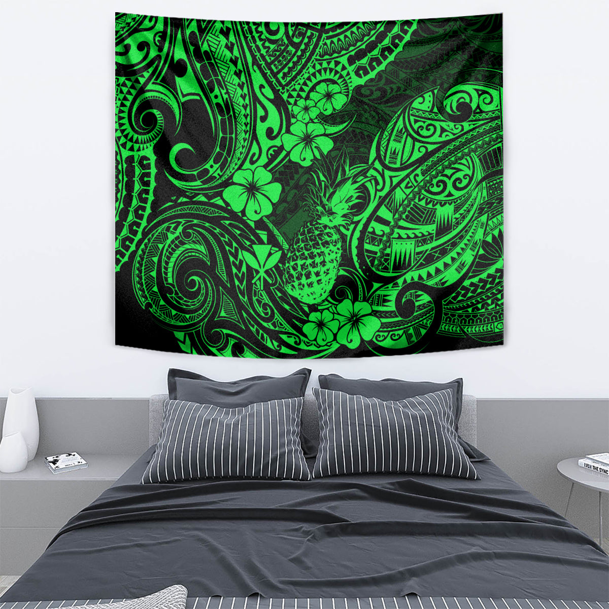 Hawaii Pineapple Tapestry Paradise Flowers Pacific With Green Polynesian Tribal - Wonder Print Shop