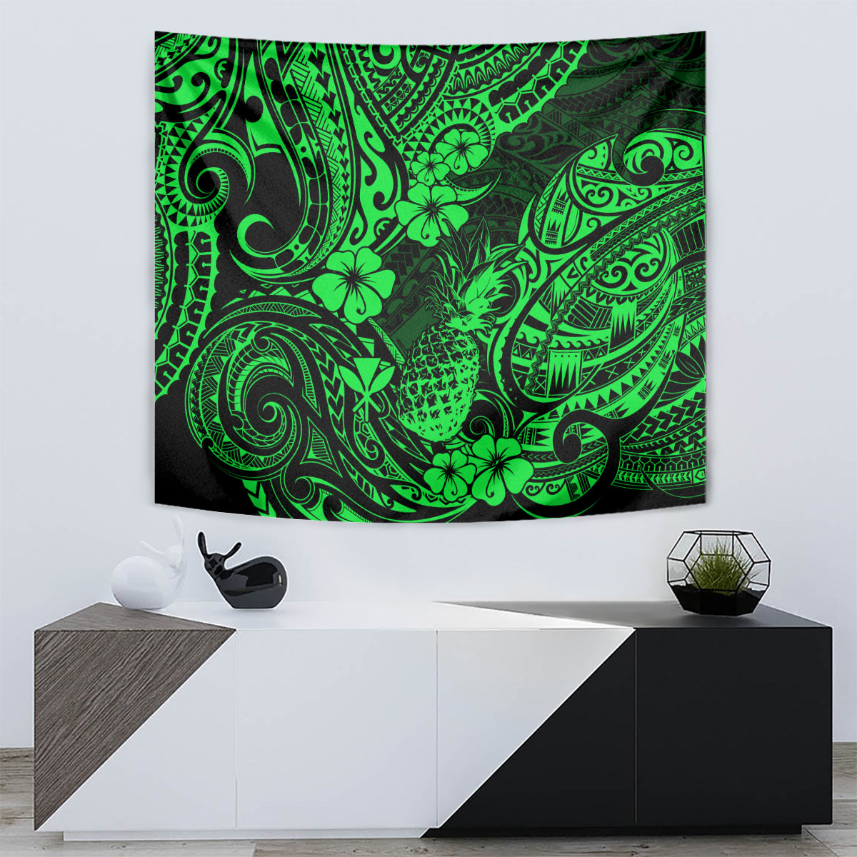 Hawaii Pineapple Tapestry Paradise Flowers Pacific With Green Polynesian Tribal - Wonder Print Shop