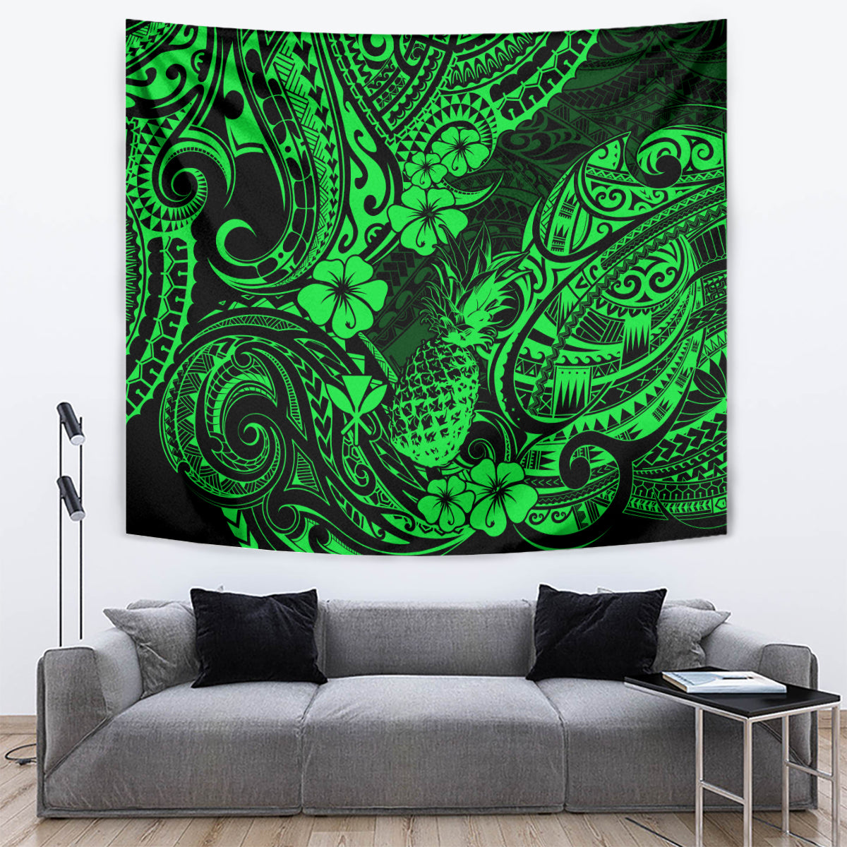 Hawaii Pineapple Tapestry Paradise Flowers Pacific With Green Polynesian Tribal - Wonder Print Shop