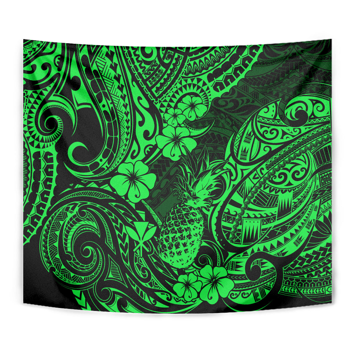 Hawaii Pineapple Tapestry Paradise Flowers Pacific With Green Polynesian Tribal - Wonder Print Shop