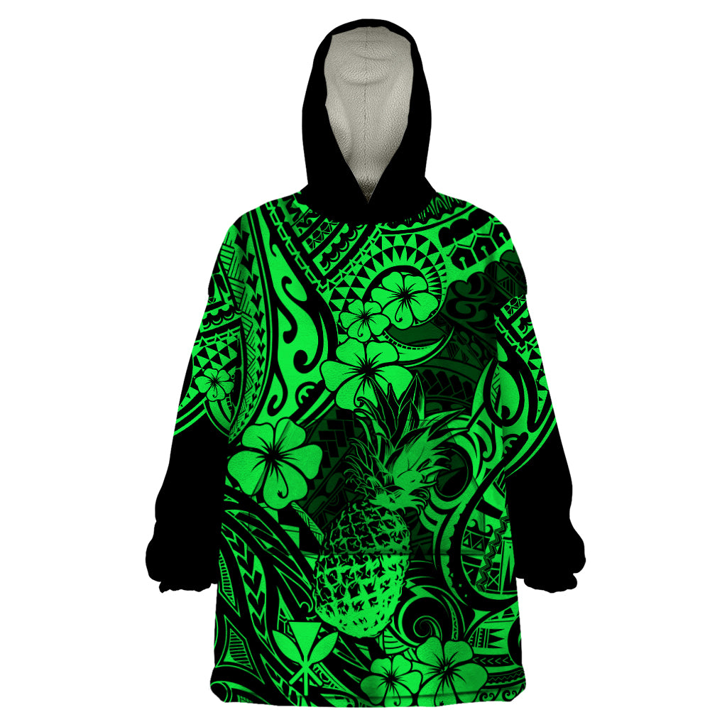 Hawaii Pineapple Wearable Blanket Hoodie Paradise Flowers Pacific With Green Polynesian Tribal - Wonder Print Shop