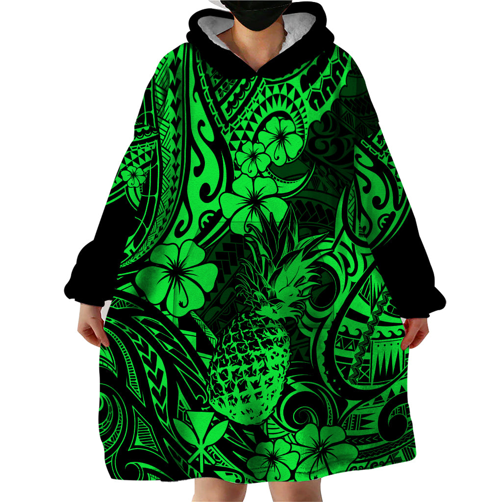 Hawaii Pineapple Wearable Blanket Hoodie Paradise Flowers Pacific With Green Polynesian Tribal - Wonder Print Shop
