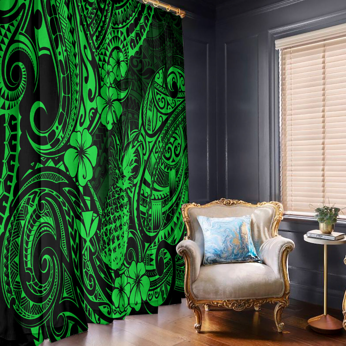 Hawaii Pineapple Window Curtain Paradise Flowers Pacific With Green Polynesian Tribal - Wonder Print Shop