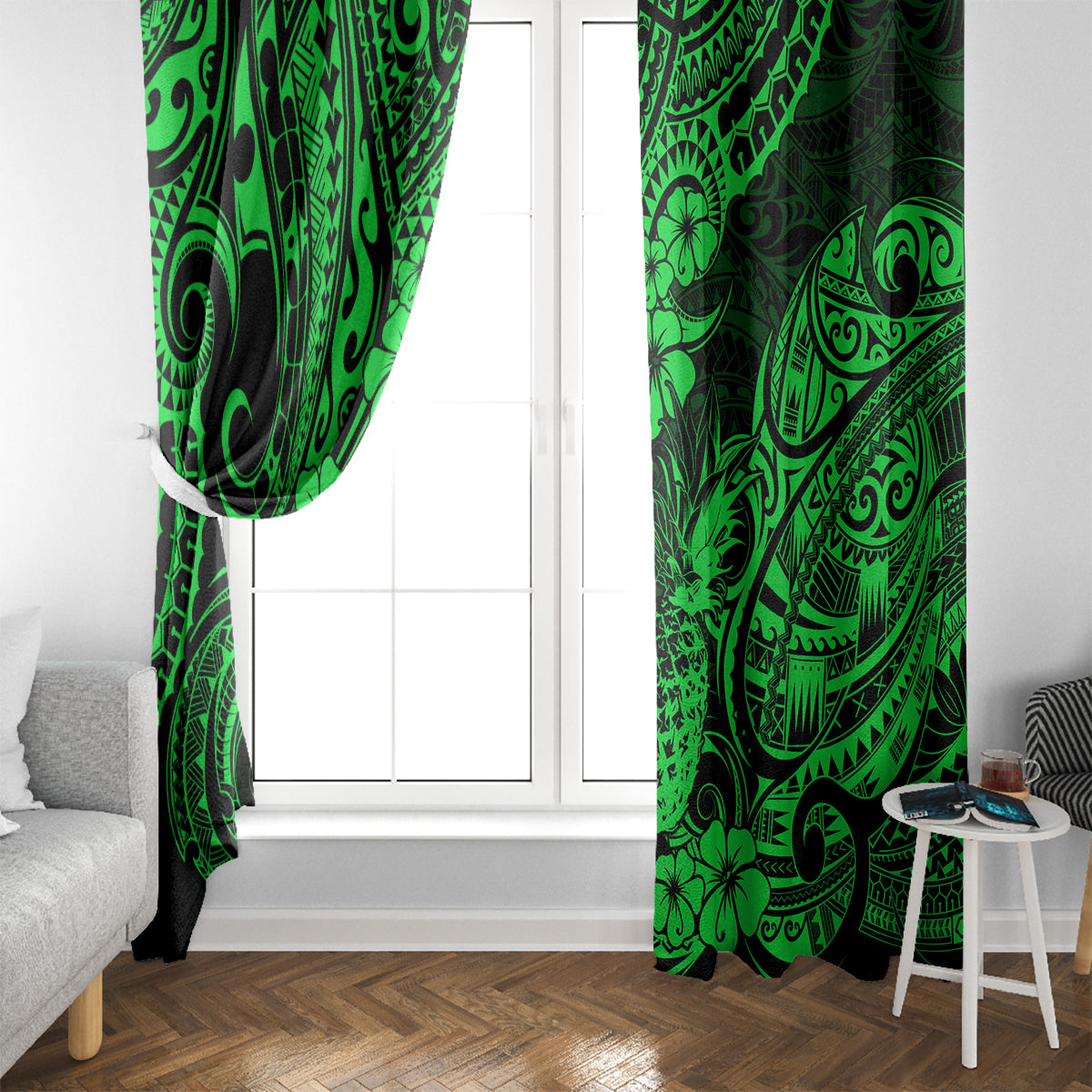 Hawaii Pineapple Window Curtain Paradise Flowers Pacific With Green Polynesian Tribal - Wonder Print Shop