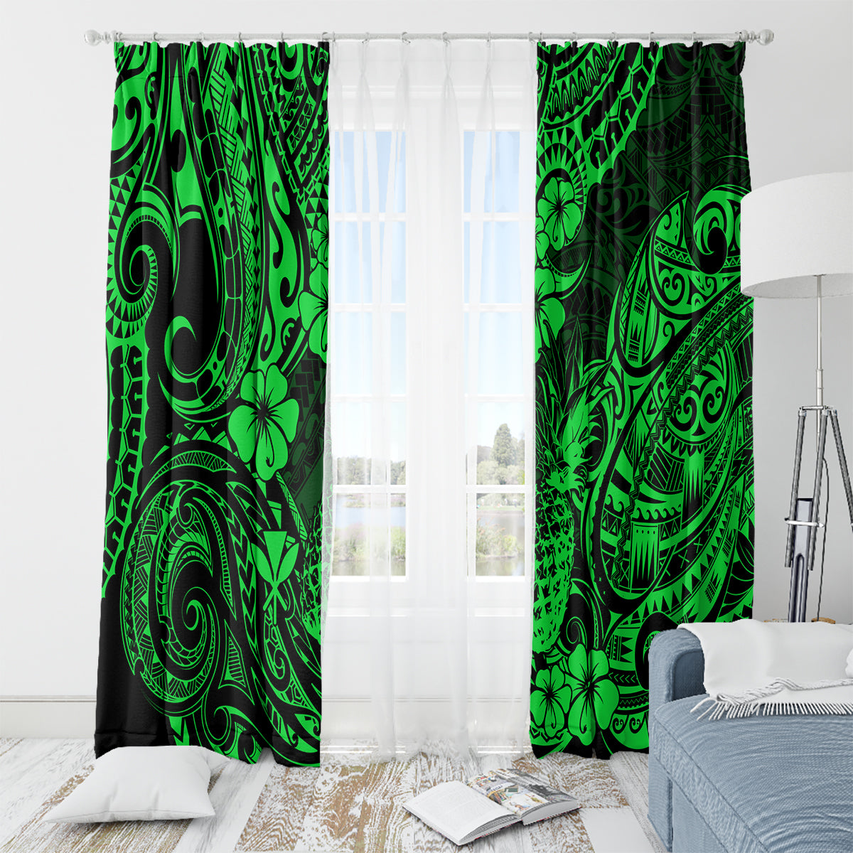 Hawaii Pineapple Window Curtain Paradise Flowers Pacific With Green Polynesian Tribal - Wonder Print Shop