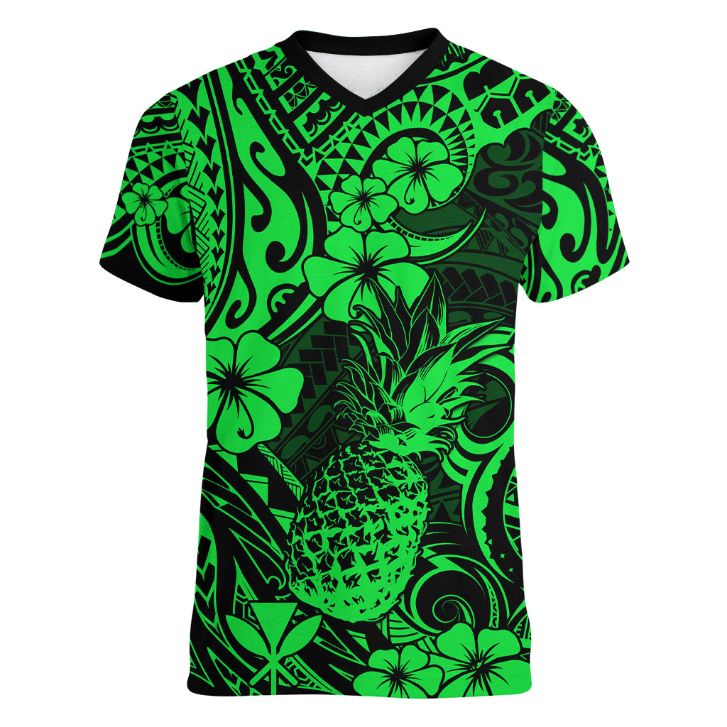 Hawaii Pineapple Women V Neck T Shirt Paradise Flowers Pacific With Green Polynesian Tribal - Wonder Print Shop