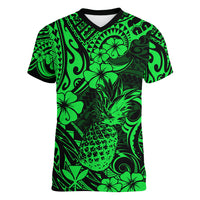 Hawaii Pineapple Women V Neck T Shirt Paradise Flowers Pacific With Green Polynesian Tribal - Wonder Print Shop