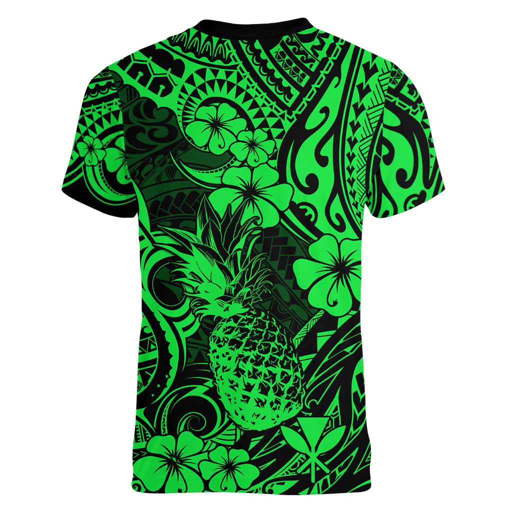 Hawaii Pineapple Women V Neck T Shirt Paradise Flowers Pacific With Green Polynesian Tribal - Wonder Print Shop