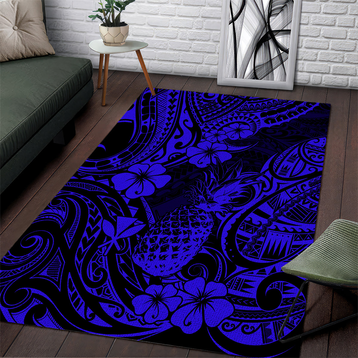 Hawaii Pineapple Area Rug Paradise Flowers Pacific With Navy Blue Polynesian Tribal - Wonder Print Shop