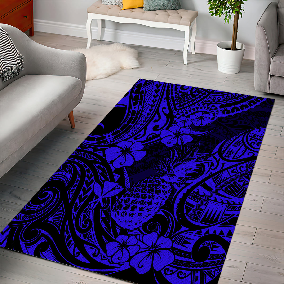 Hawaii Pineapple Area Rug Paradise Flowers Pacific With Navy Blue Polynesian Tribal - Wonder Print Shop