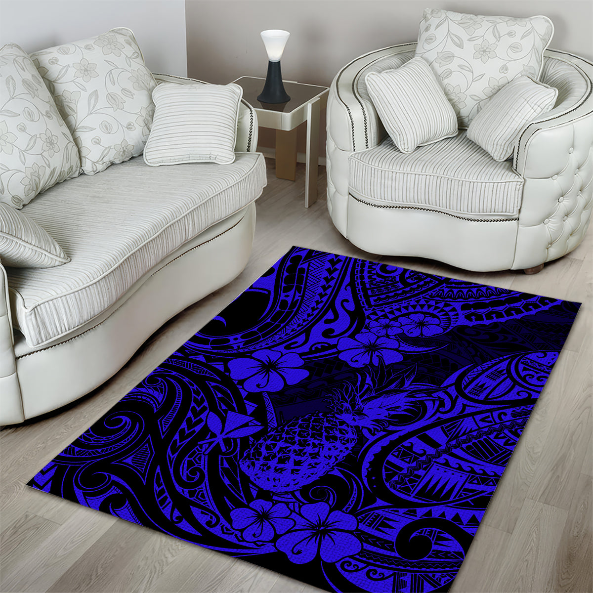 Hawaii Pineapple Area Rug Paradise Flowers Pacific With Navy Blue Polynesian Tribal - Wonder Print Shop