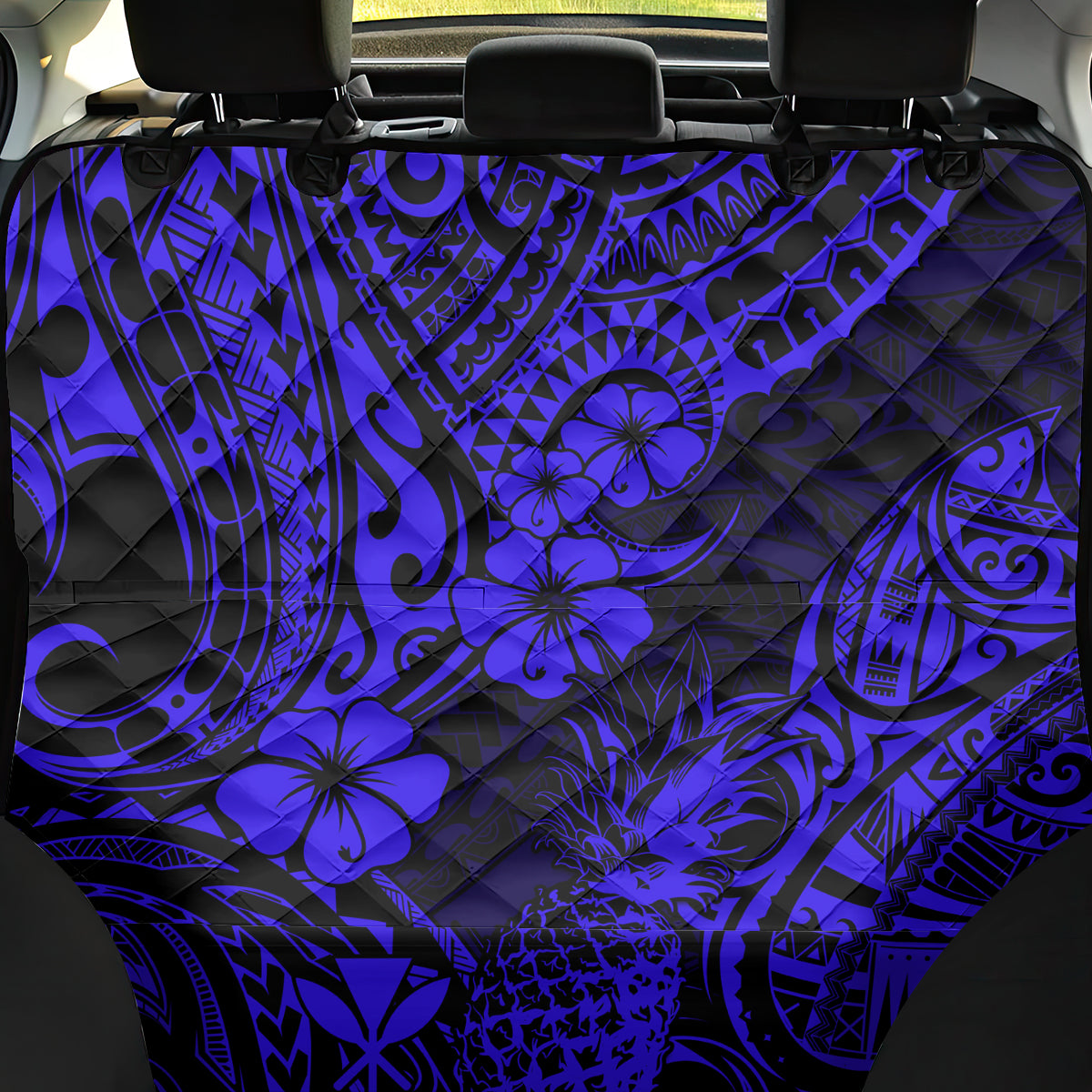 Hawaii Pineapple Back Car Seat Cover Paradise Flowers Pacific With Navy Blue Polynesian Tribal - Wonder Print Shop