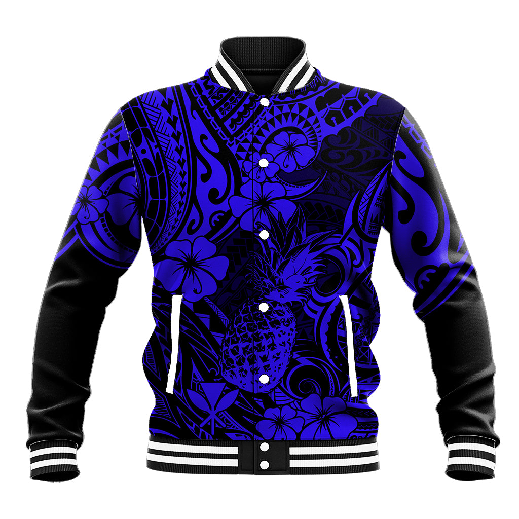 Hawaii Pineapple Baseball Jacket Paradise Flowers Pacific With Navy Blue Polynesian Tribal - Wonder Print Shop