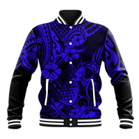 Hawaii Pineapple Baseball Jacket Paradise Flowers Pacific With Navy Blue Polynesian Tribal - Wonder Print Shop