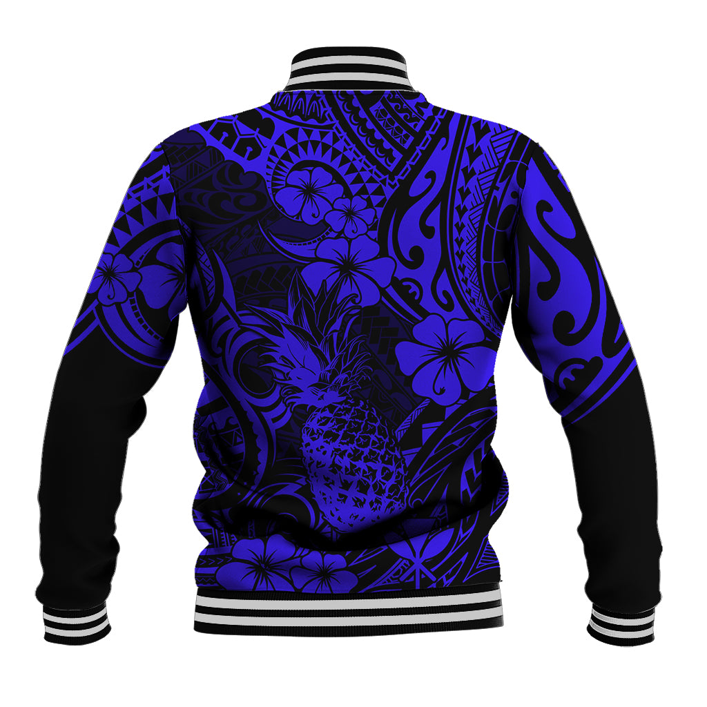 Hawaii Pineapple Baseball Jacket Paradise Flowers Pacific With Navy Blue Polynesian Tribal - Wonder Print Shop