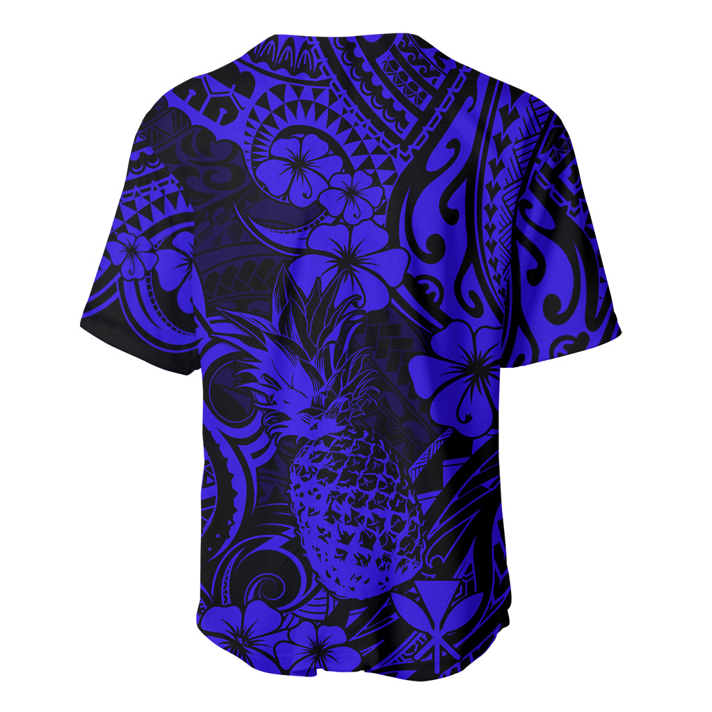 Hawaii Pineapple Baseball Jersey Paradise Flowers Pacific With Navy Blue Polynesian Tribal - Wonder Print Shop