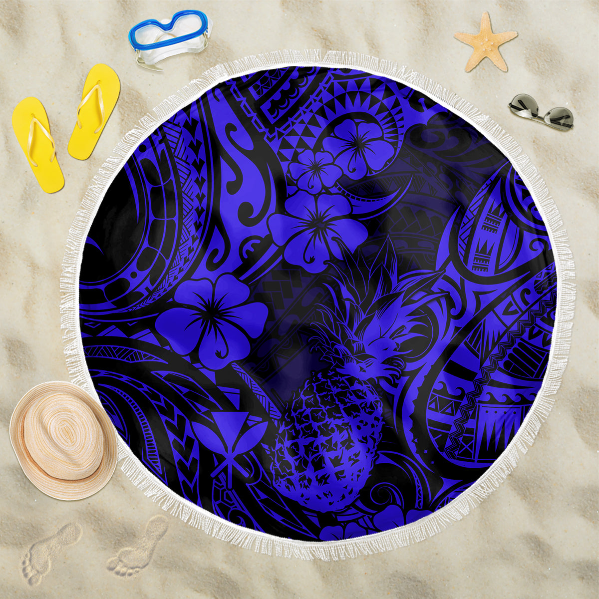 Hawaii Pineapple Beach Blanket Paradise Flowers Pacific With Navy Blue Polynesian Tribal - Wonder Print Shop