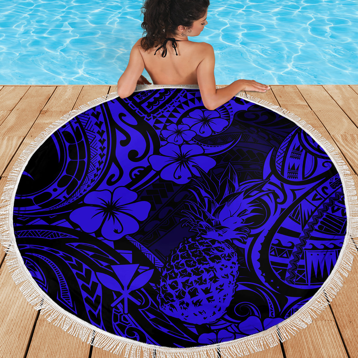 Hawaii Pineapple Beach Blanket Paradise Flowers Pacific With Navy Blue Polynesian Tribal - Wonder Print Shop