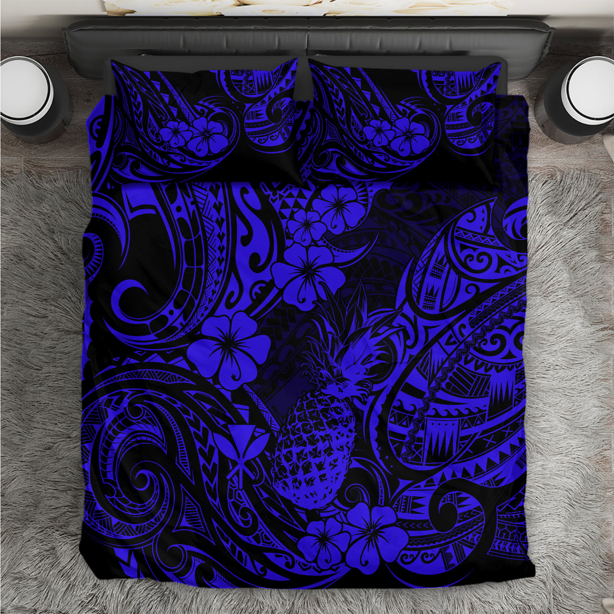 Hawaii Pineapple Bedding Set Paradise Flowers Pacific With Navy Blue Polynesian Tribal - Wonder Print Shop