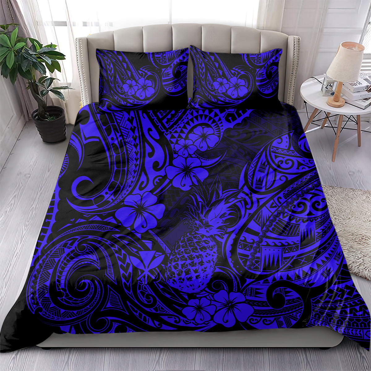 Hawaii Pineapple Bedding Set Paradise Flowers Pacific With Navy Blue Polynesian Tribal - Wonder Print Shop