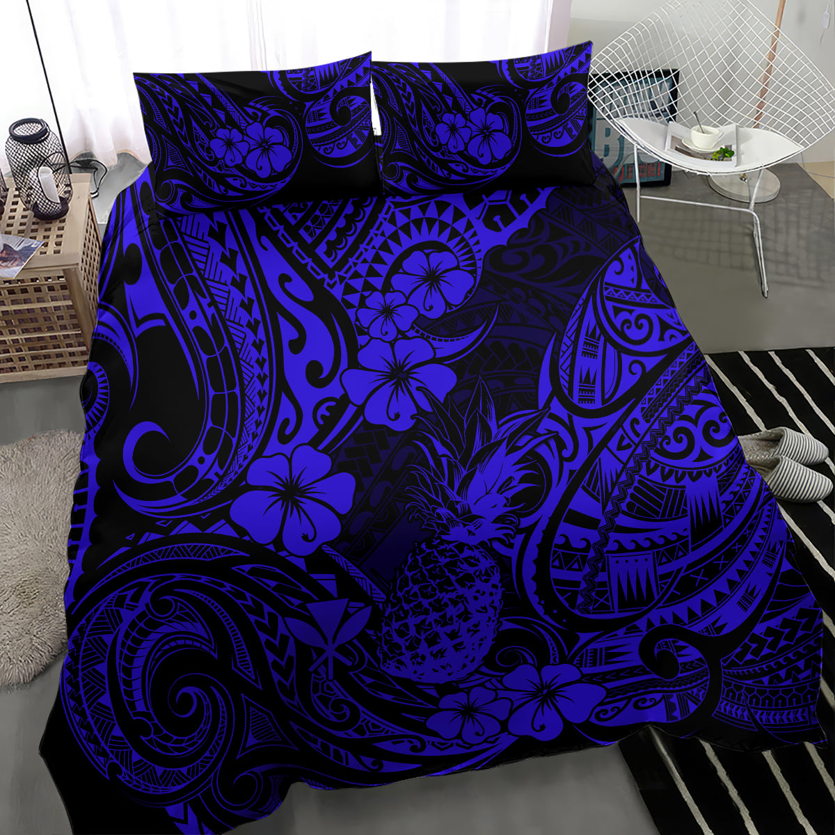 Hawaii Pineapple Bedding Set Paradise Flowers Pacific With Navy Blue Polynesian Tribal - Wonder Print Shop