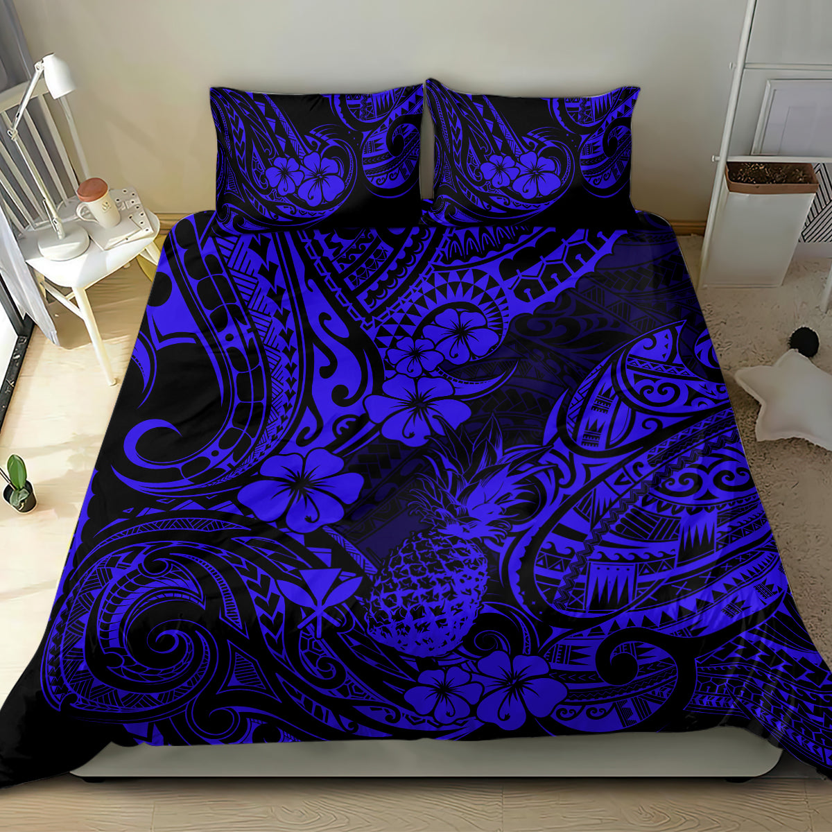 Hawaii Pineapple Bedding Set Paradise Flowers Pacific With Navy Blue Polynesian Tribal - Wonder Print Shop