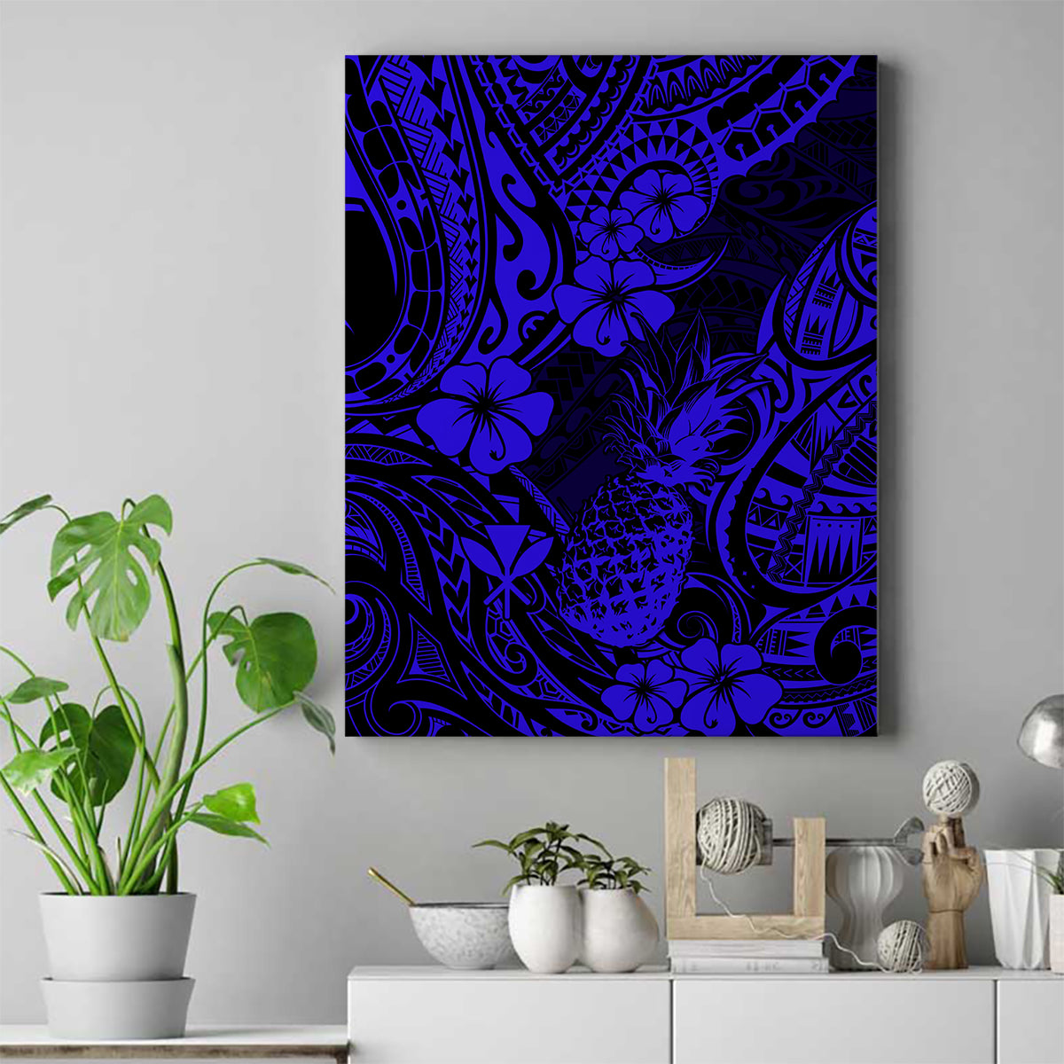 Hawaii Pineapple Canvas Wall Art Paradise Flowers Pacific With Navy Blue Polynesian Tribal - Wonder Print Shop