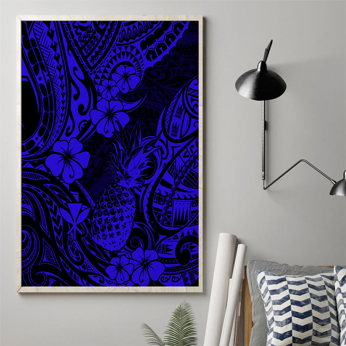 Hawaii Pineapple Canvas Wall Art Paradise Flowers Pacific With Navy Blue Polynesian Tribal - Wonder Print Shop