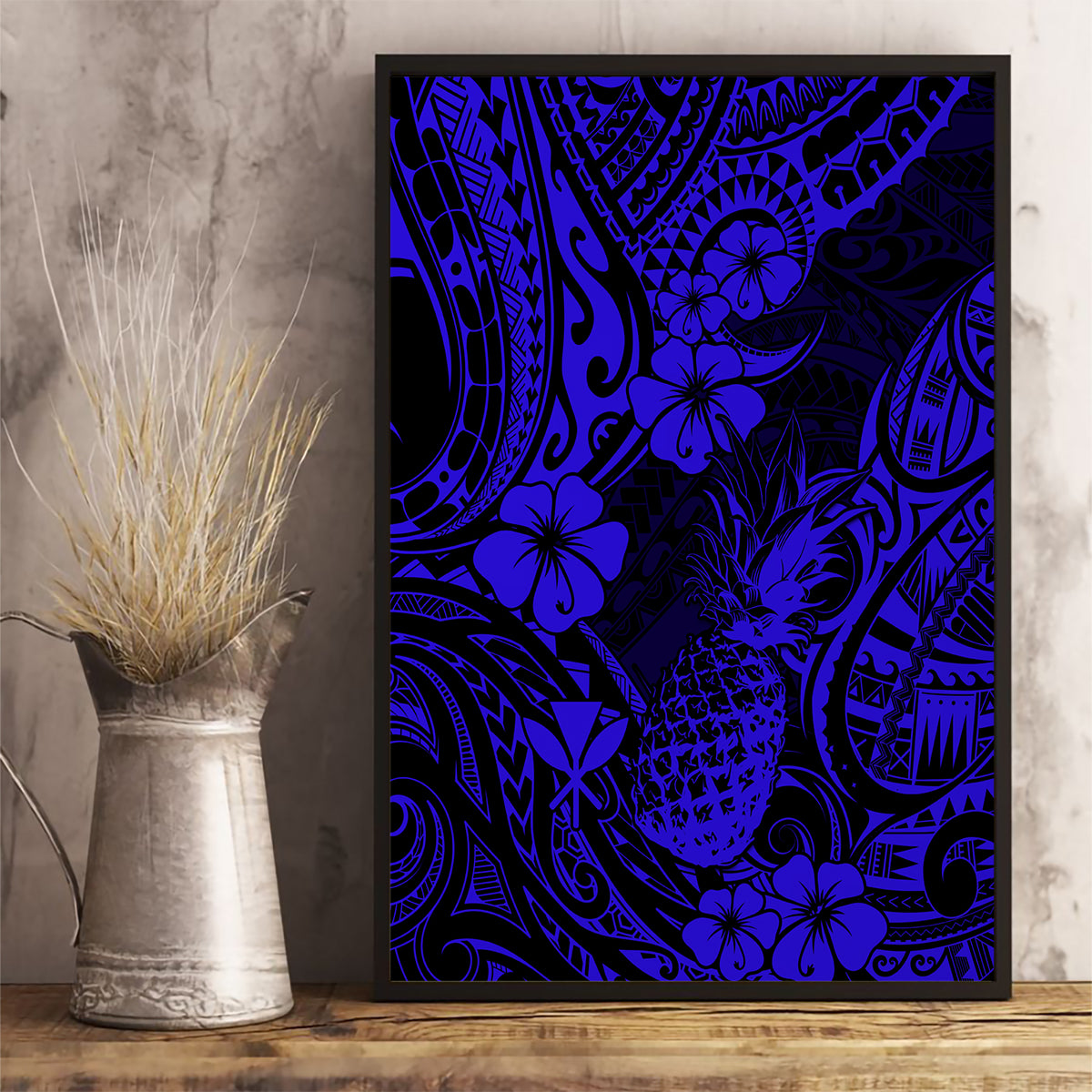 Hawaii Pineapple Canvas Wall Art Paradise Flowers Pacific With Navy Blue Polynesian Tribal - Wonder Print Shop