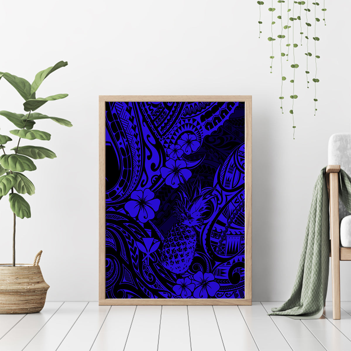 Hawaii Pineapple Canvas Wall Art Paradise Flowers Pacific With Navy Blue Polynesian Tribal - Wonder Print Shop