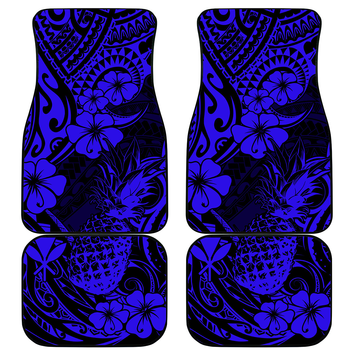 Hawaii Pineapple Car Mats Paradise Flowers Pacific With Navy Blue Polynesian Tribal - Wonder Print Shop