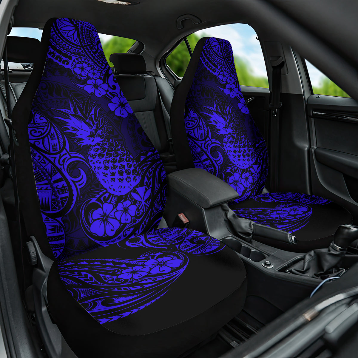 Hawaii Pineapple Car Seat Cover Paradise Flowers Pacific With Navy Blue Polynesian Tribal - Wonder Print Shop