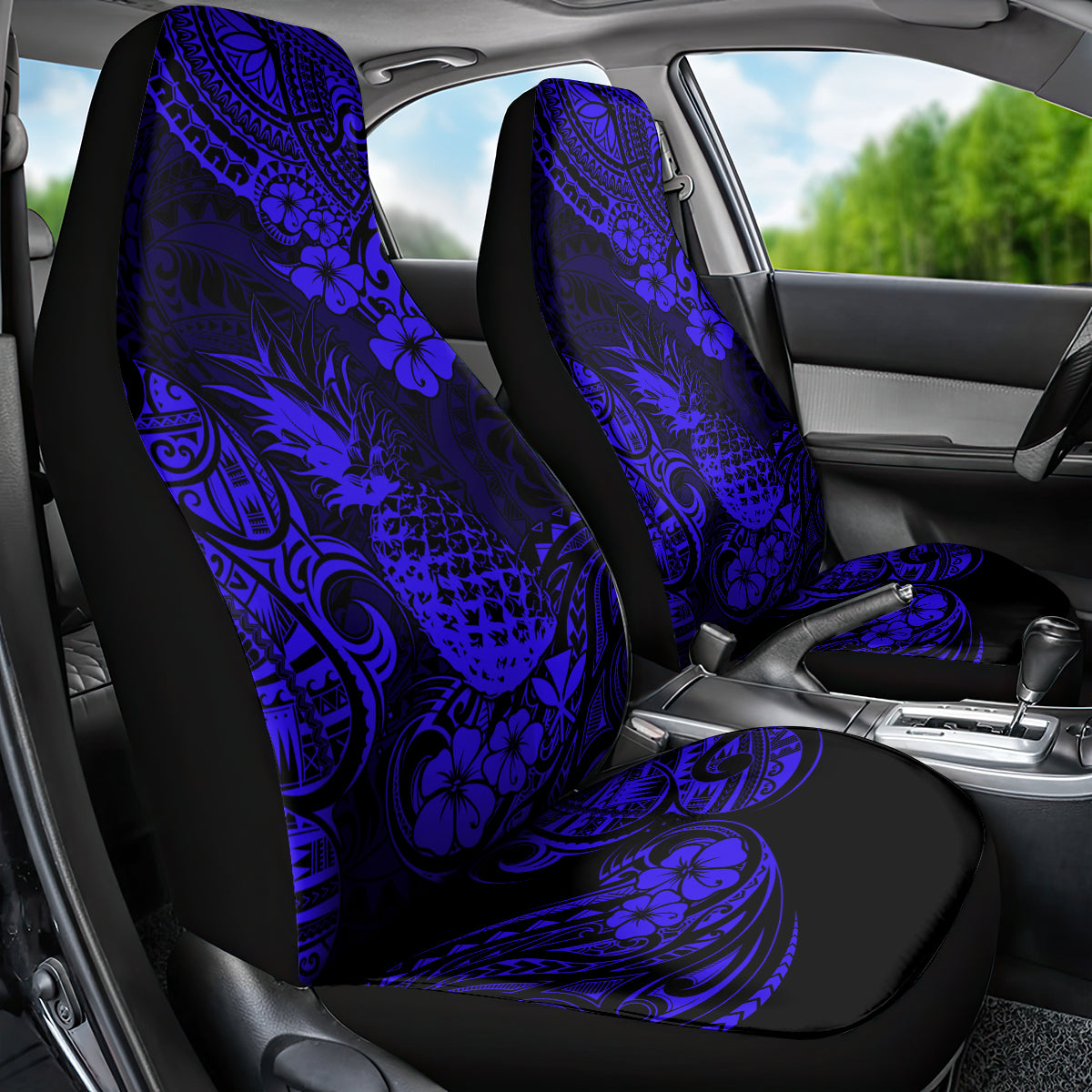 Hawaii Pineapple Car Seat Cover Paradise Flowers Pacific With Navy Blue Polynesian Tribal - Wonder Print Shop