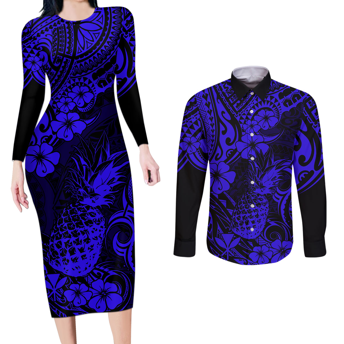 Hawaii Pineapple Couples Matching Long Sleeve Bodycon Dress and Long Sleeve Button Shirts Paradise Flowers Pacific With Navy Blue Polynesian Tribal - Wonder Print Shop