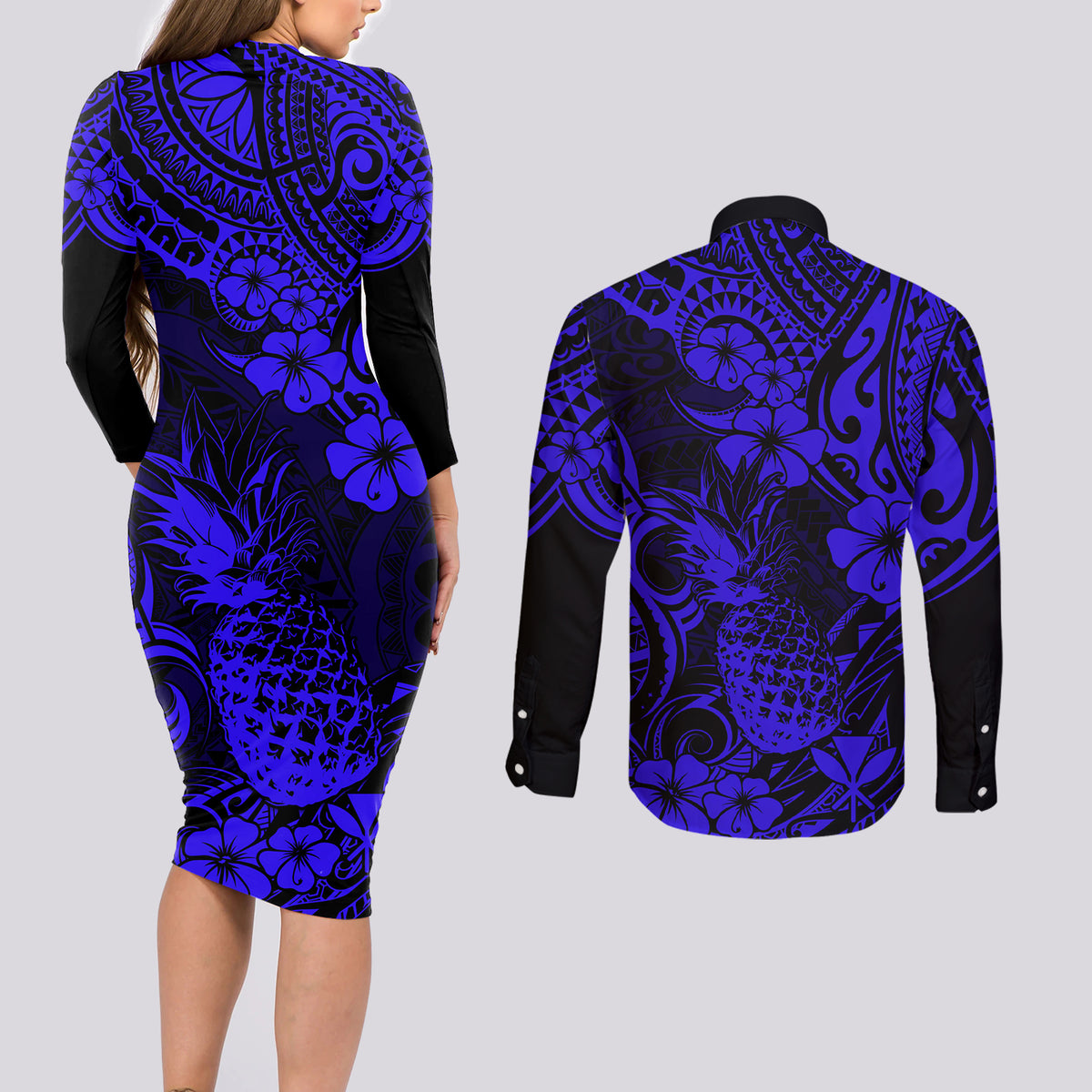 Hawaii Pineapple Couples Matching Long Sleeve Bodycon Dress and Long Sleeve Button Shirts Paradise Flowers Pacific With Navy Blue Polynesian Tribal - Wonder Print Shop