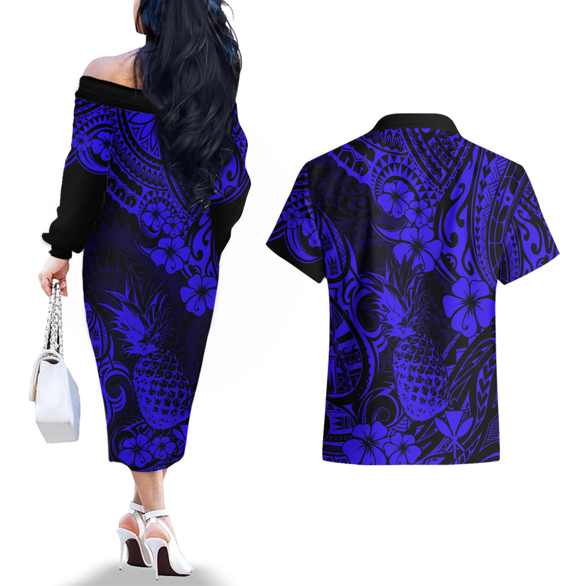 Hawaii Pineapple Couples Matching Off The Shoulder Long Sleeve Dress and Hawaiian Shirt Paradise Flowers Pacific With Navy Blue Polynesian Tribal - Wonder Print Shop